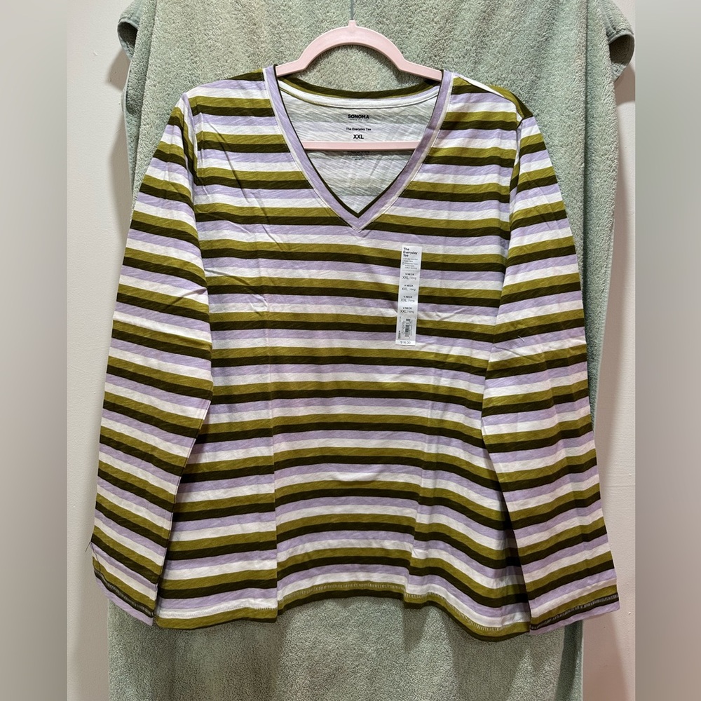 Sonoma  Striped V-Neck Shirt - Green and White